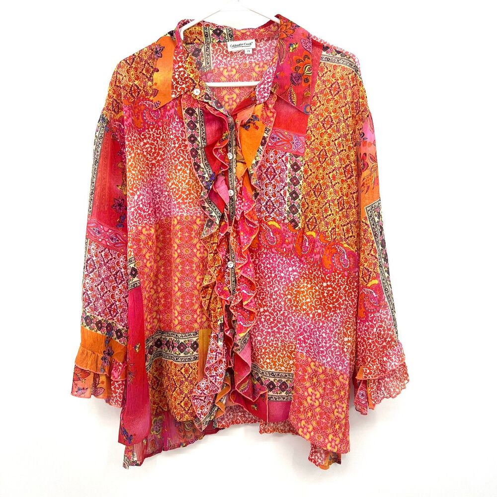 Coldwater Creek 2X Boho Ruffle Blouse Pink Orange Paisley Patchwork Sheer Top